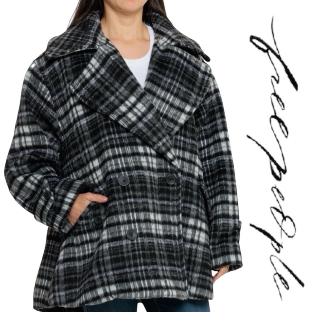 Free People Highlands Wool Plaid Peacoat Size XL